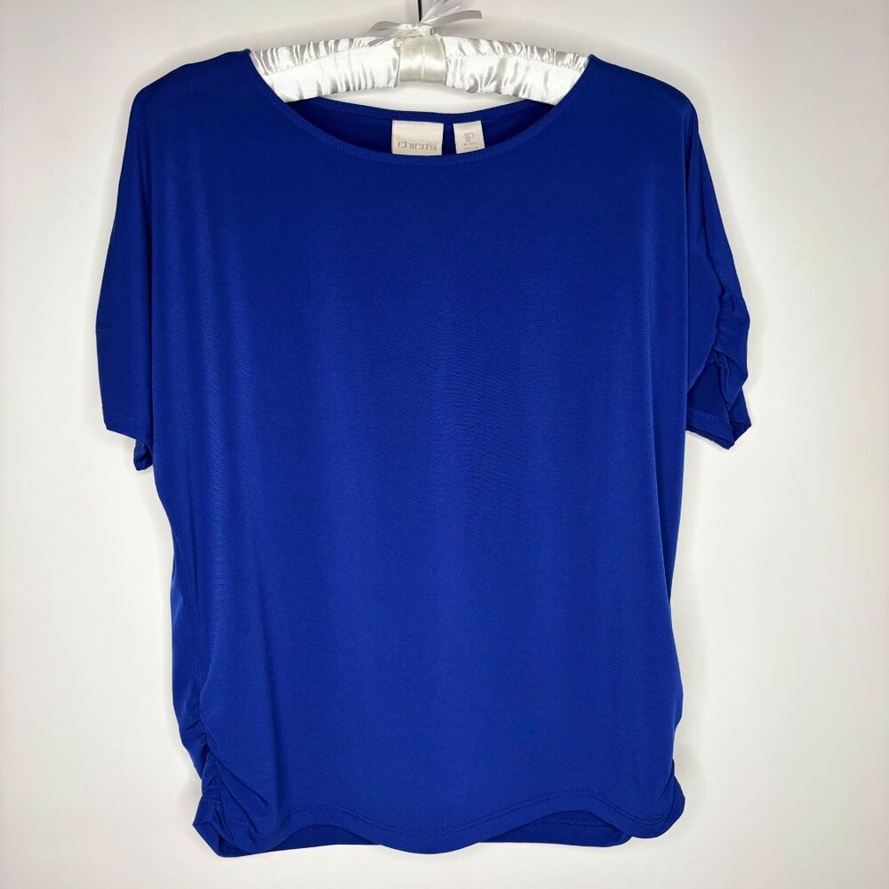CHICO'S Top Ruched Royal Blue Detail Scoop Neck Short Sleeve 1/Medium Petite NWT